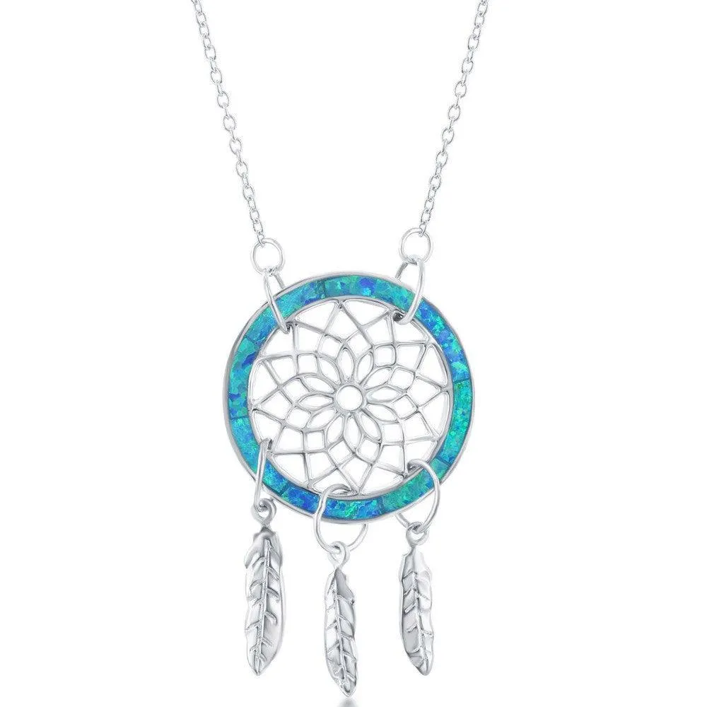 Classic Jewelry Sterling Silver Blue Inlay Opal Dream Catcher Necklace