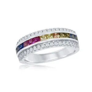 Classic Jewelry Sterling Silver Center Rainbow CZ with White CZ Ring - W-2128