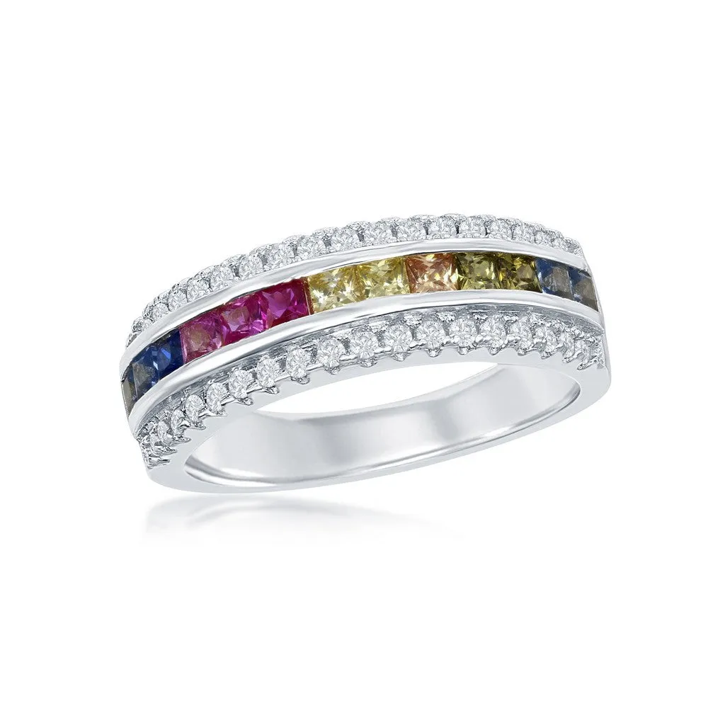 Classic Jewelry Sterling Silver Center Rainbow CZ with White CZ Ring - W-2128
