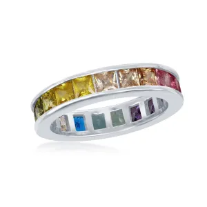Classic Jewelry Sterling Silver Channel Set Rainbow CZ Band Ring - W-2130