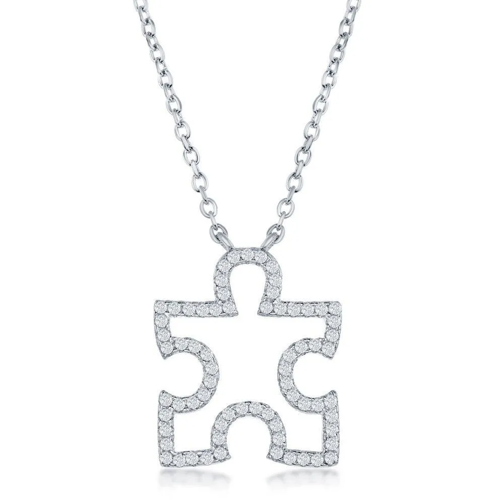 Classic Jewelry Sterling Silver Cubic Zirconia Open Puzzle Piece Necklace