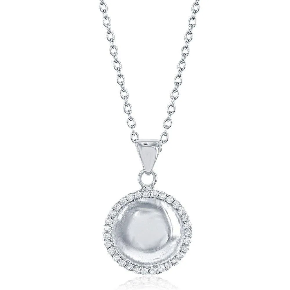 Classic Jewelry Sterling Silver CZ Border Round Disc Necklace
