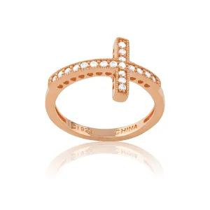 Classic Jewelry Sterling Silver CZ Rose GP Sideways Cross Ring - W-9649