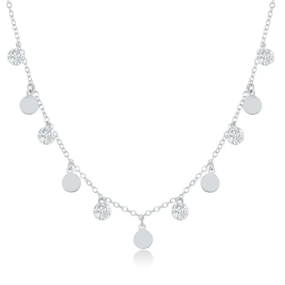 Classic Jewelry Sterling Silver Dangling Cubic Zirconia's and Discs Necklace