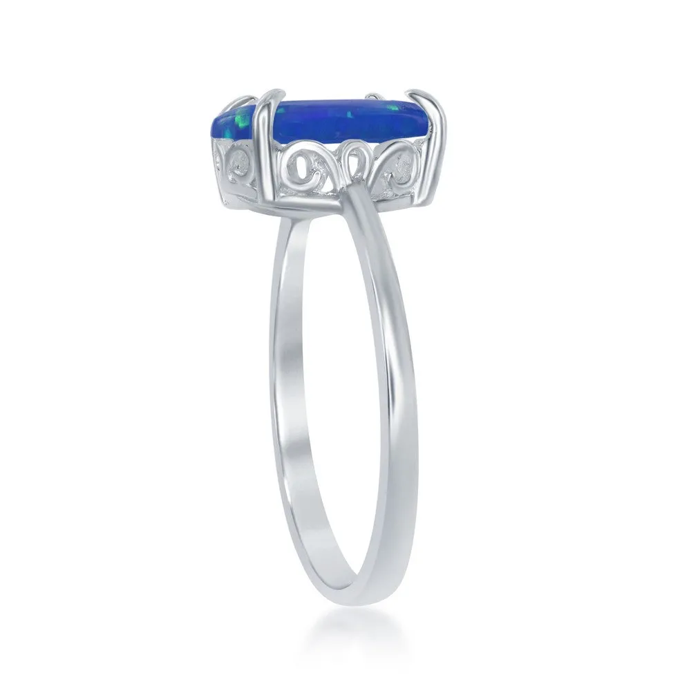 Classic Jewelry Sterling Silver Four-Prong Blue Inlay Opal Oval Ring - W-1830