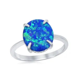 Classic Jewelry Sterling Silver Four-Prong Blue Inlay Opal Oval Ring - W-1830