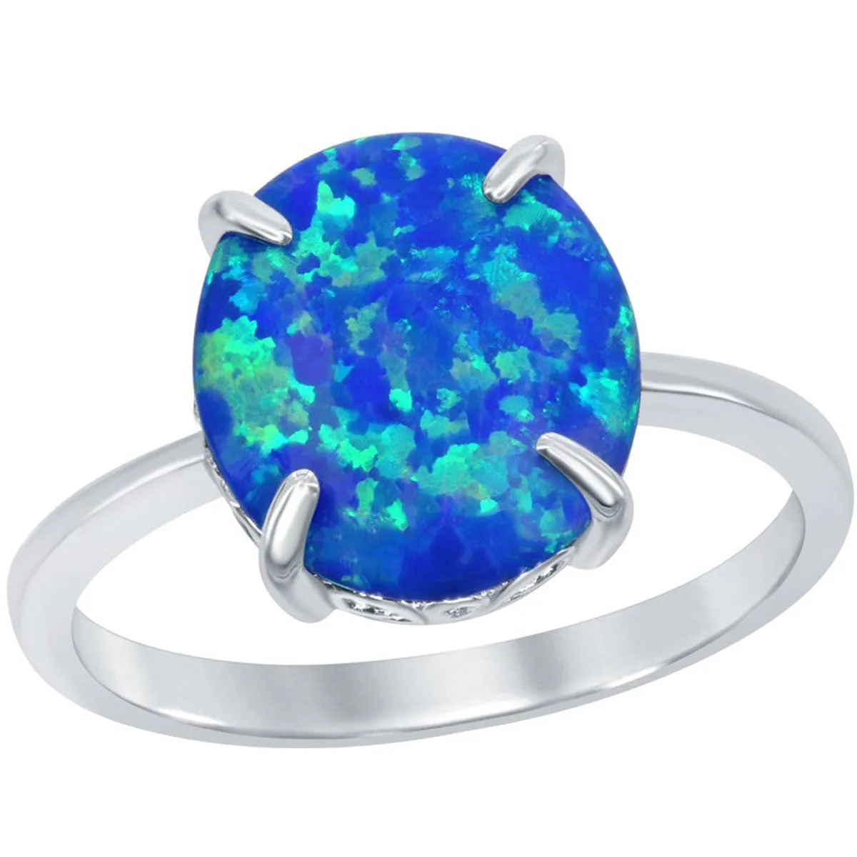 Classic Jewelry Sterling Silver Four-Prong Blue Inlay Opal Oval Ring - W-1830