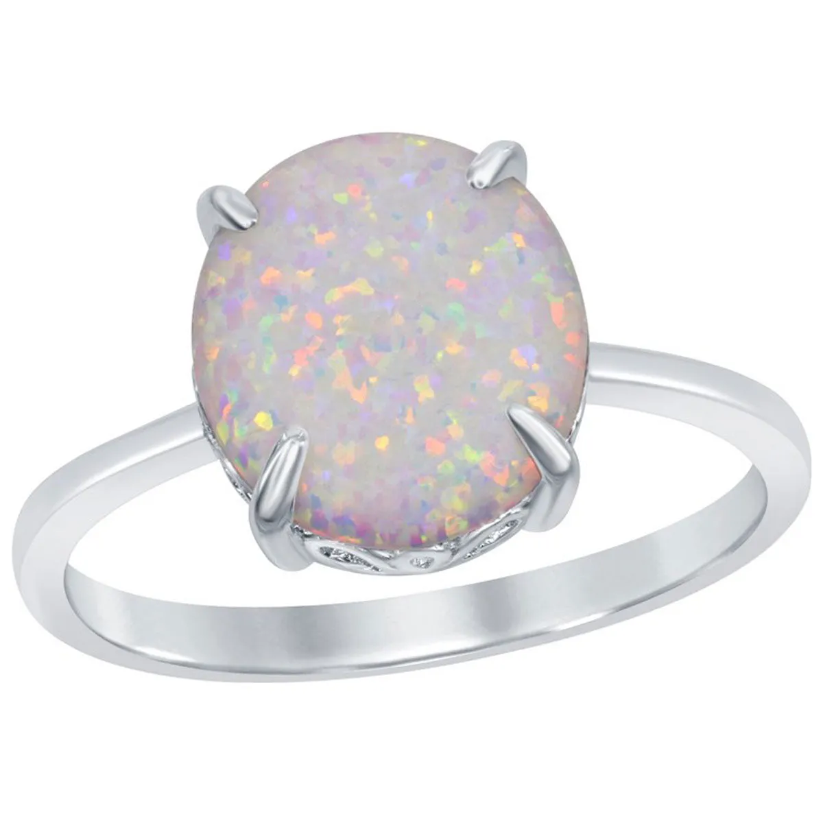 Classic Jewelry Sterling Silver Four-Prong White Inlay Opal Oval Ring - W-1850