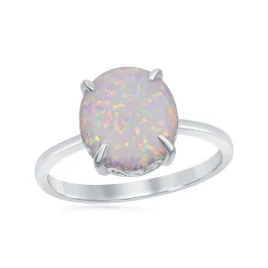 Classic Jewelry Sterling Silver Four-Prong White Inlay Opal Oval Ring - W-1850