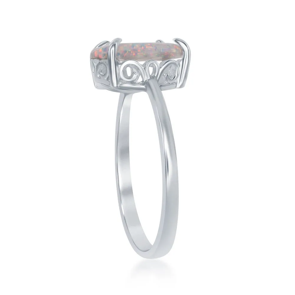 Classic Jewelry Sterling Silver Four-Prong White Inlay Opal Oval Ring - W-1850