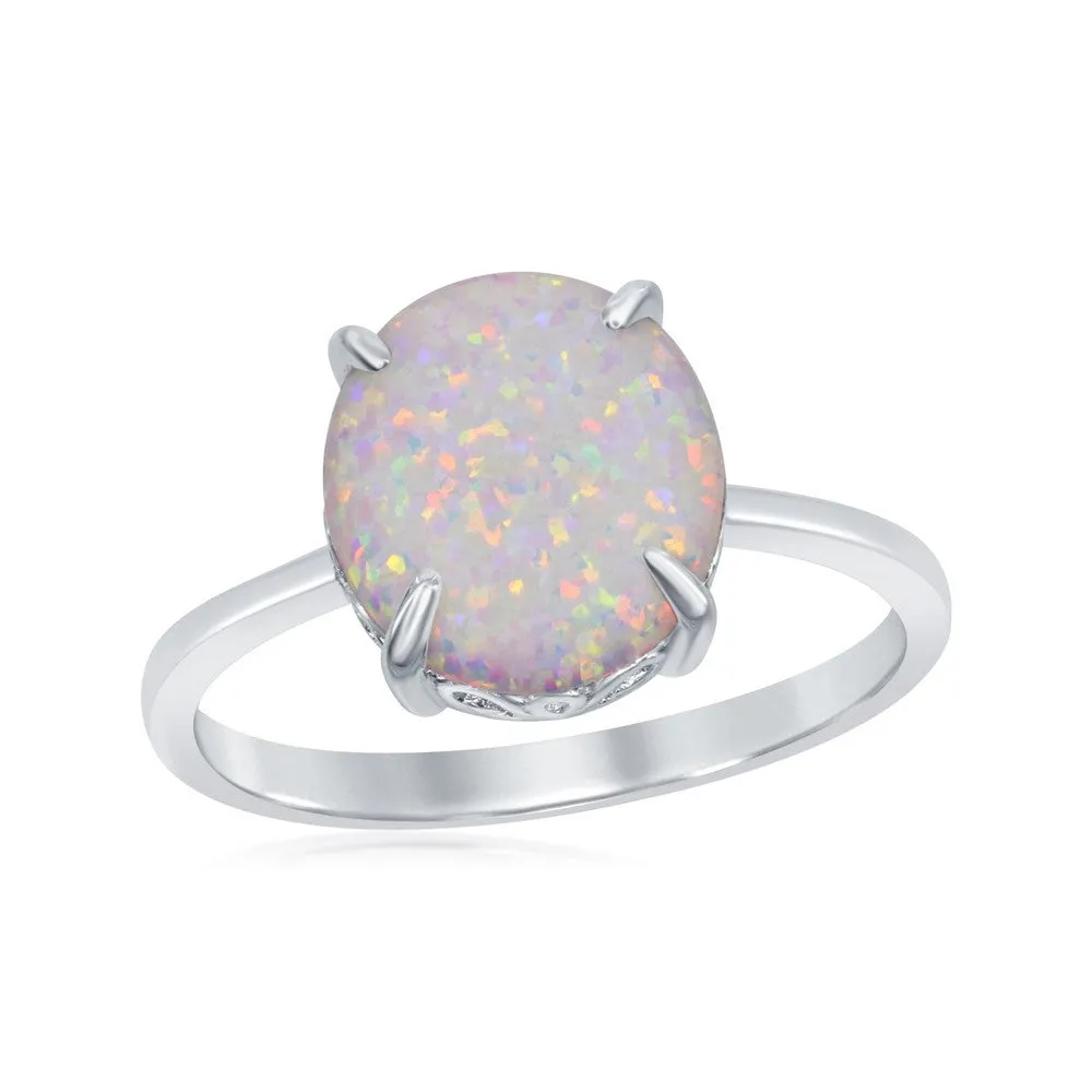 Classic Jewelry Sterling Silver Four-Prong White Inlay Opal Oval Ring - W-1850