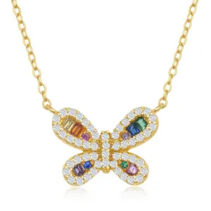 Classic Jewelry Sterling Silver Gold Plated Rainbow CZ Butterfly Necklace