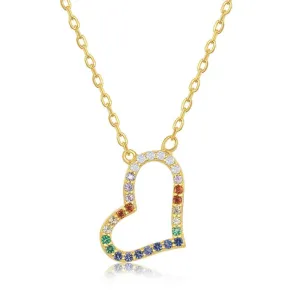 Classic Jewelry Sterling Silver Gold Plated Rainbow CZ Sideways Heart Necklace
