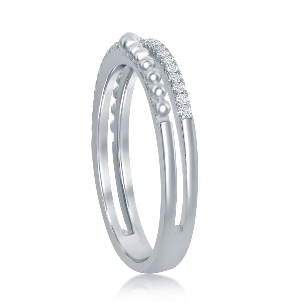 Classic Jewelry Sterling Silver Half Beaded and CZ Double Band Ring - W-2111