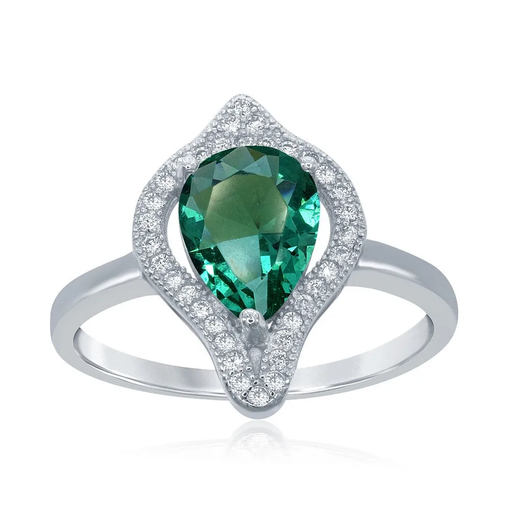 Classic Jewelry Sterling Silver Large Teardrop Emerald with CZ Ring - W-1760