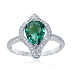 Classic Jewelry Sterling Silver Large Teardrop Emerald with CZ Ring - W-1760
