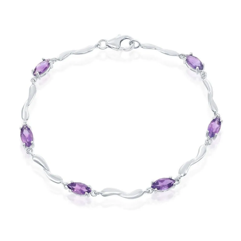 Classic Jewelry Sterling Silver Marquise Shaped Amethyst Gemstone Bracelet, 7.25"