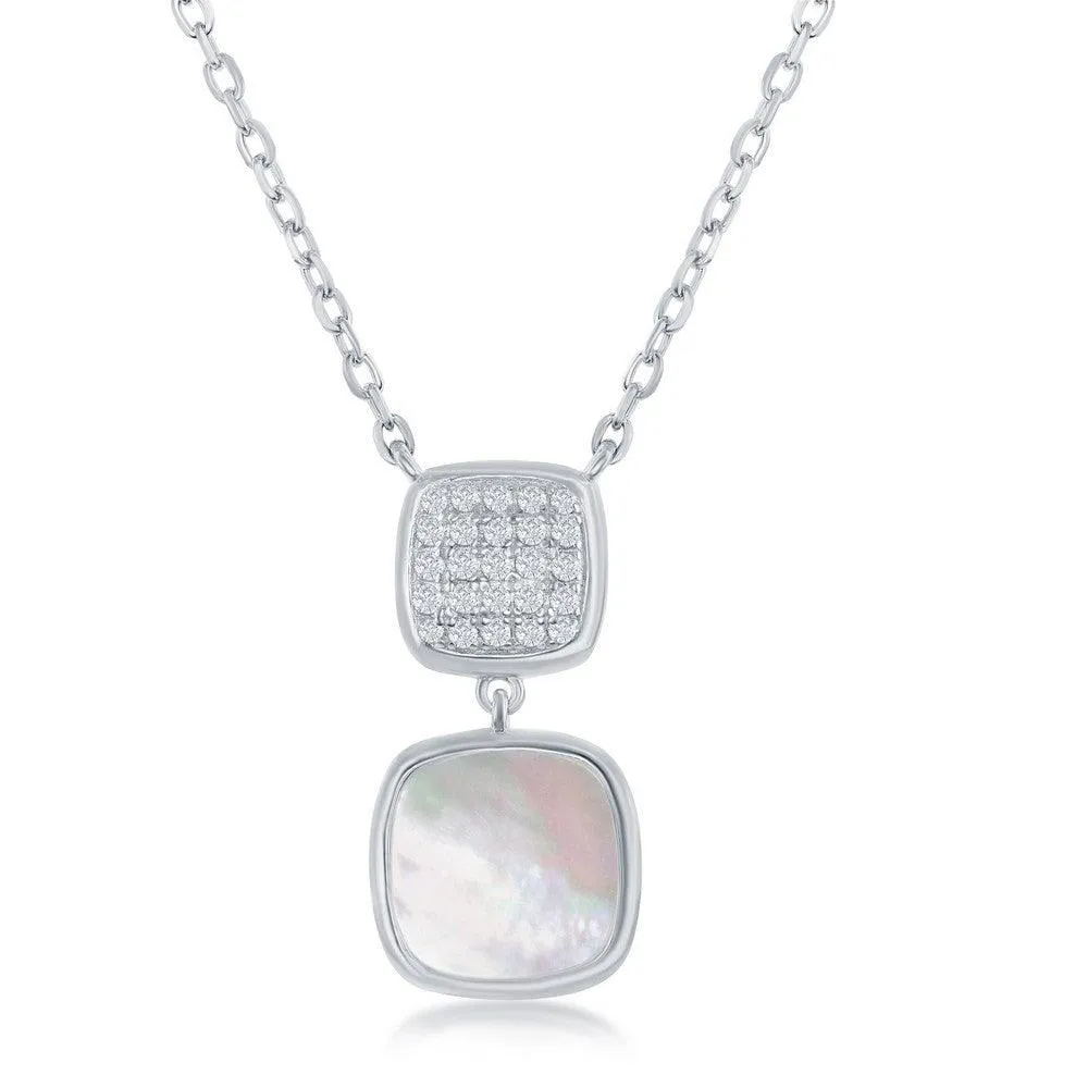 Classic Jewelry Sterling Silver Micro Pave and MOP Double Square Necklace