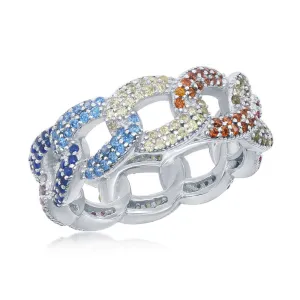 Classic Jewelry Sterling Silver Multi-Color CZ Cuban Link Ring - W-2443