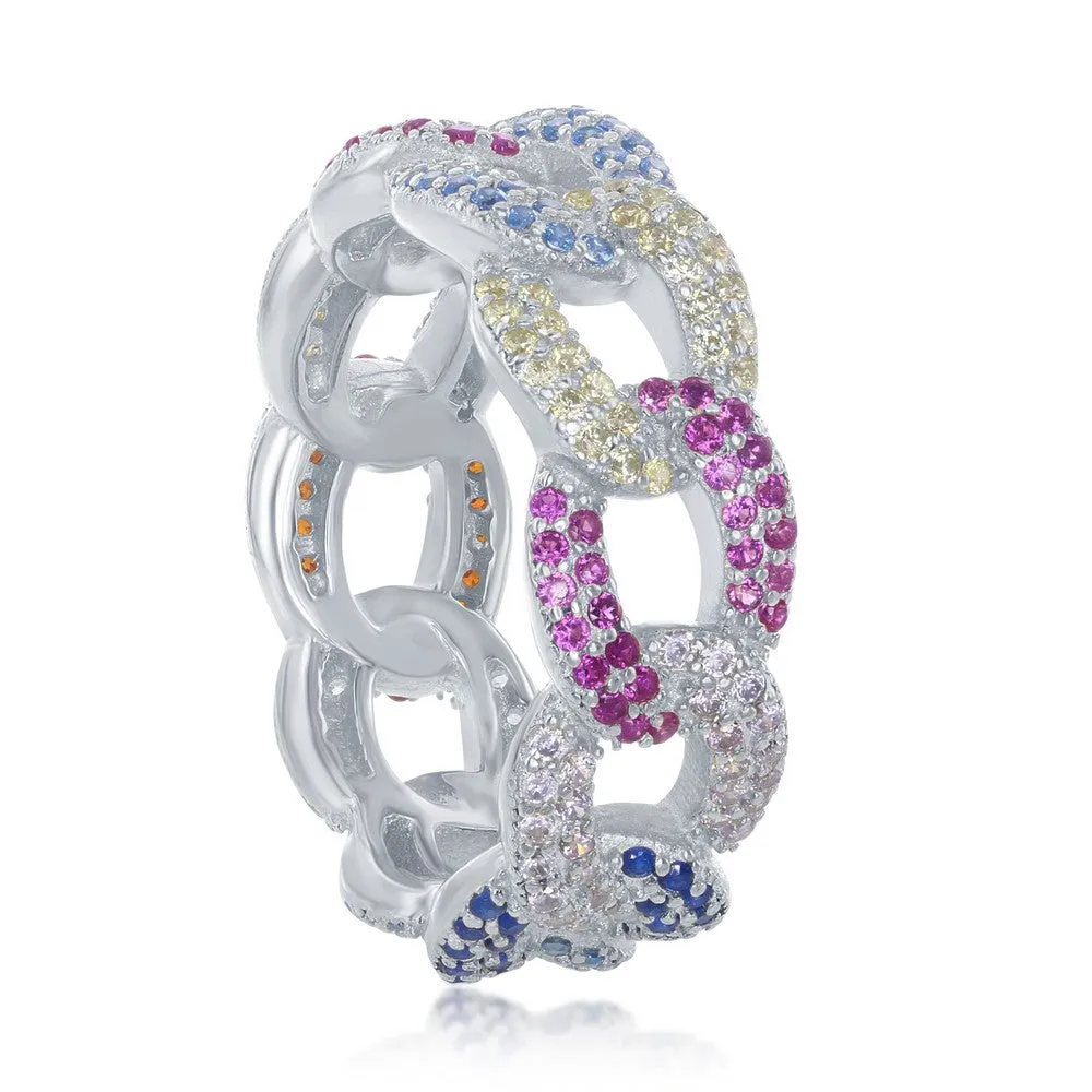 Classic Jewelry Sterling Silver Multi-Color CZ Cuban Link Ring - W-2443