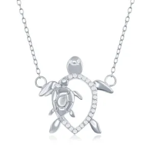 Classic Jewelry Sterling Silver Open CZ Turtle with Smaller Turtle Necklace