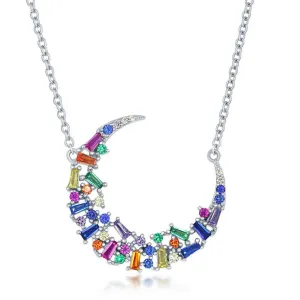 Classic Jewelry Sterling Silver Rainbow Baguette CZ Crescent Moon Necklace