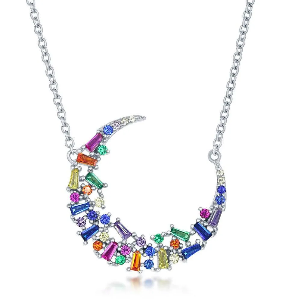 Classic Jewelry Sterling Silver Rainbow Baguette CZ Crescent Moon Necklace