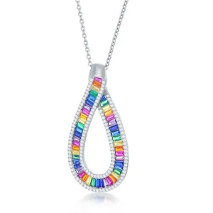Classic Jewelry Sterling Silver Rainbow Baguette CZ Pear Shaped Necklace