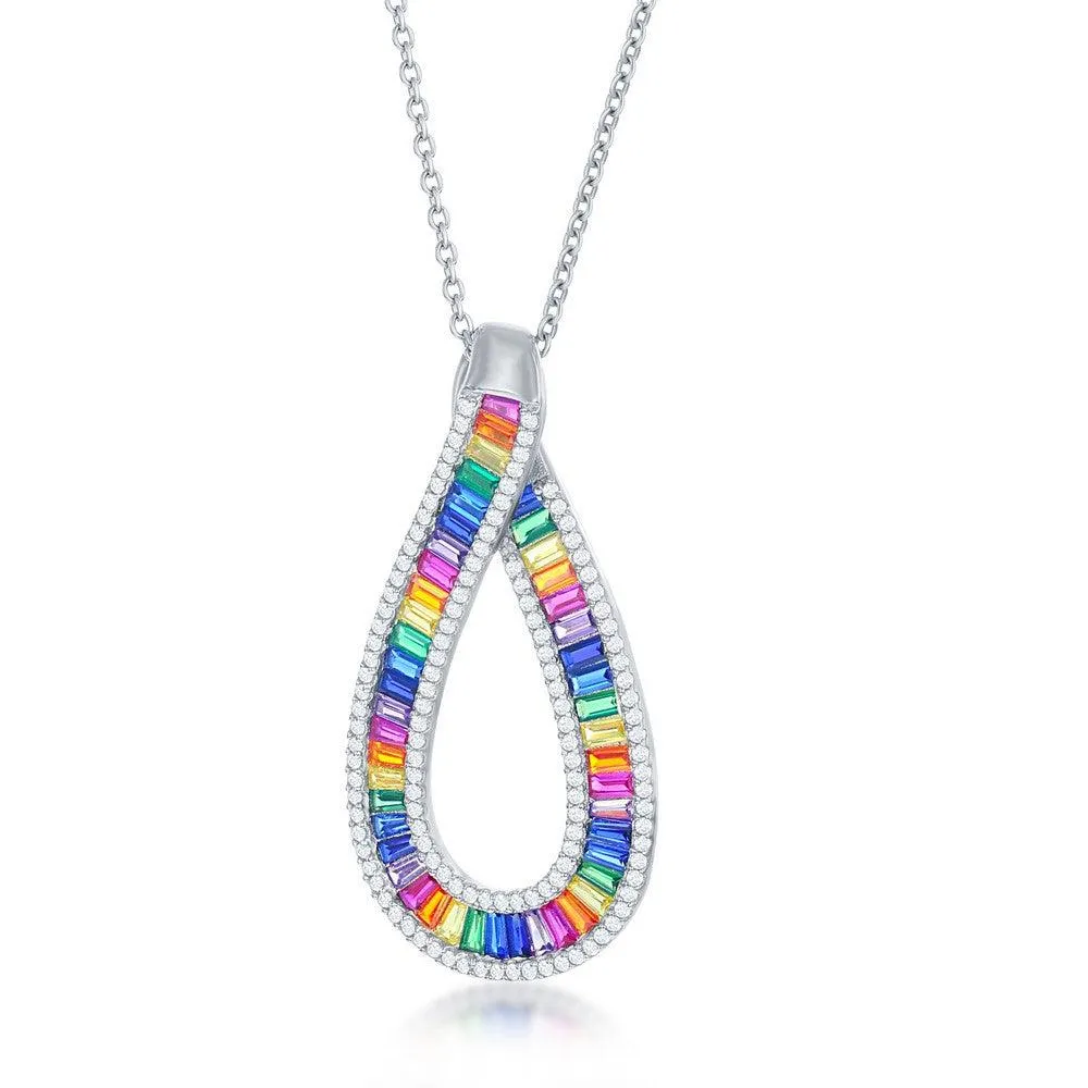 Classic Jewelry Sterling Silver Rainbow Baguette CZ Pear Shaped Necklace