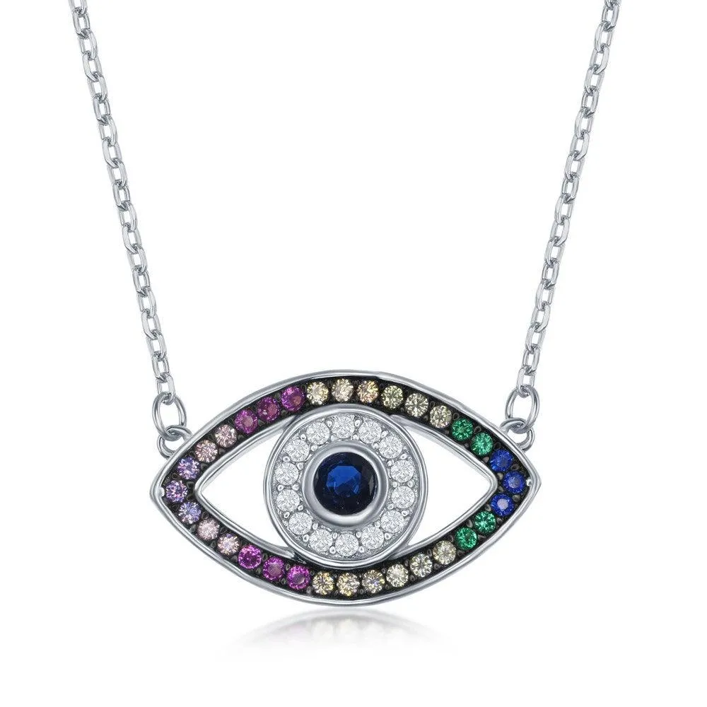 Classic Jewelry Sterling Silver Rainbow Cubic Zirconia Evil Eye Necklace