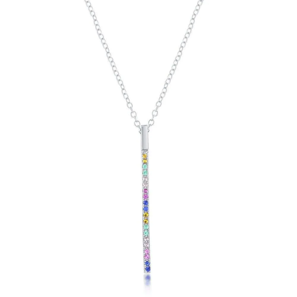 Classic Jewelry Sterling Silver Rainbow Cubic Zirconia Vertical Bar Necklace