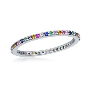 Classic Jewelry Sterling Silver Rainbow CZ Thin Band Ring - W-2133