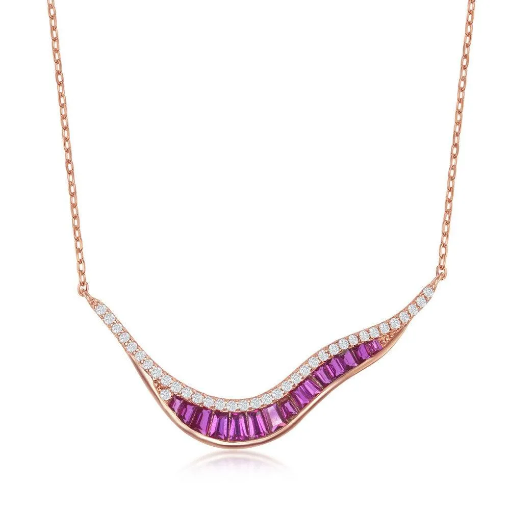 Classic Jewelry Sterling Silver Rose Gold Plated 'V' Baguette Ruby CZ Necklace