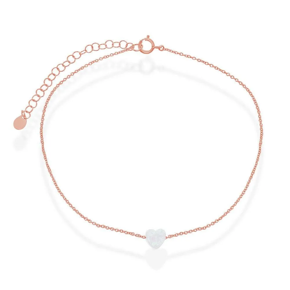 Classic Jewelry Sterling Silver Rose Gold Plated White Opal Heart Anklet