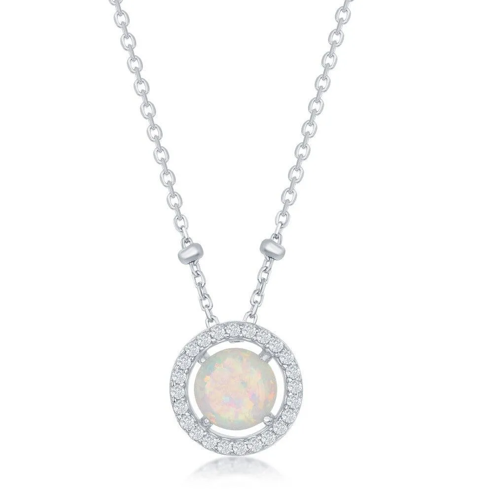 Classic Jewelry Sterling Silver Round White Opal with CZ Halo Beads Necklace