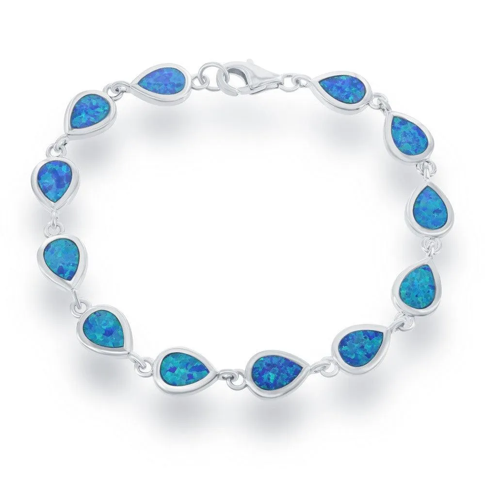 Classic Jewelry Sterling Silver Small Blue Inlay Opal Teardrop Link Bracelet, 7"