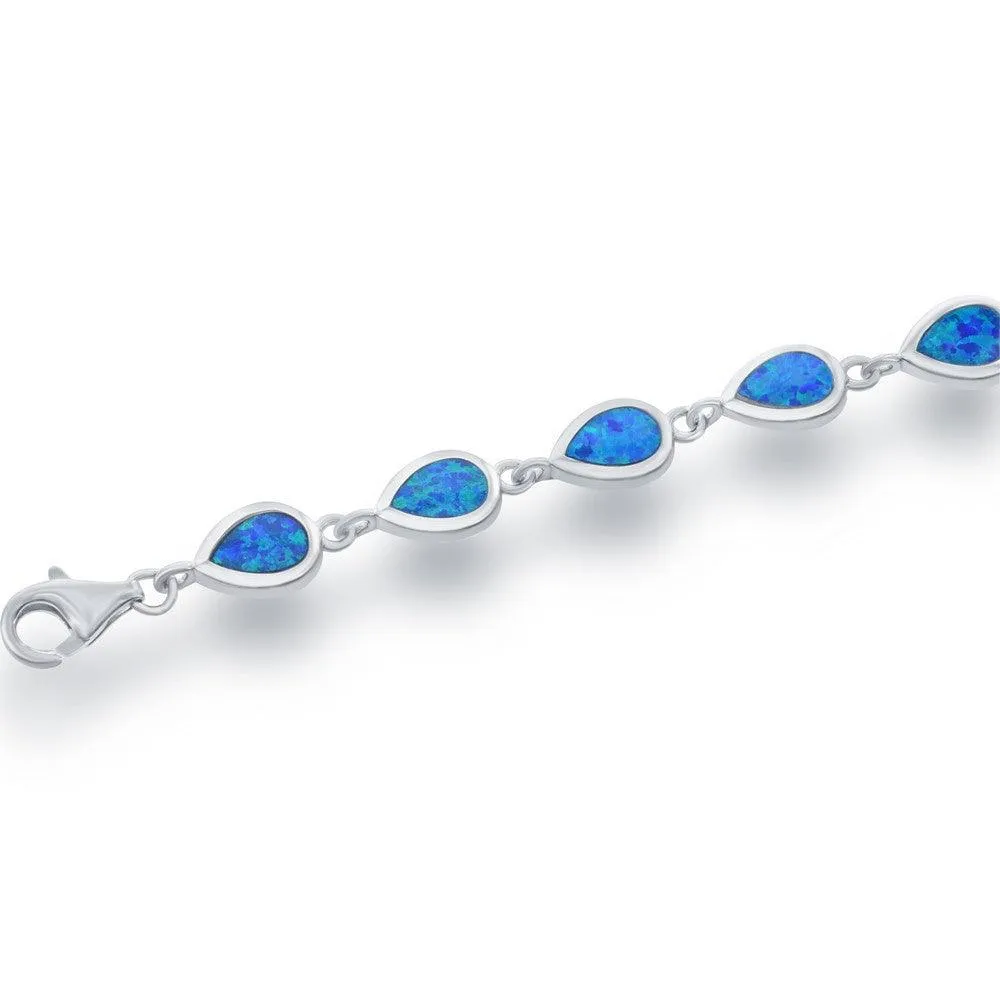 Classic Jewelry Sterling Silver Small Blue Inlay Opal Teardrop Link Bracelet, 7"