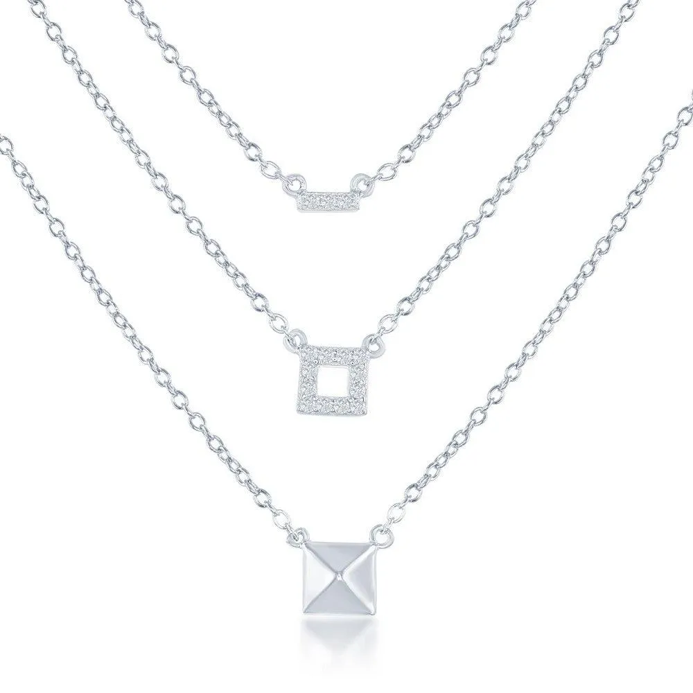 Classic Jewelry Sterling Silver Square Triple Chain with CZ Necklace