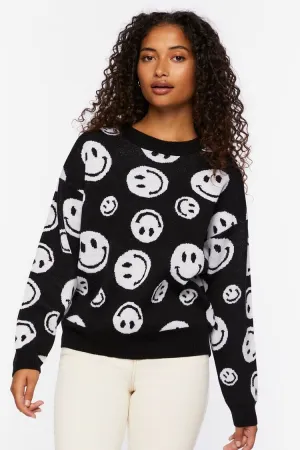 Forever 21 Knit Women's Happy Face Crew Sweater Black/White Forever 21