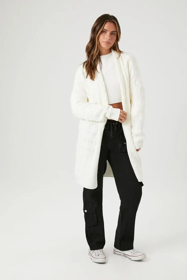 Forever 21 Knit Women's Longline Pointelle Cardigan Sweater Vanilla Forever 21