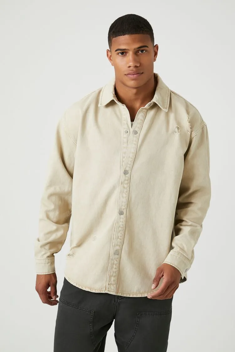 Forever 21 Men's Distressed Mineral Wash Shirt Taupe Forever 21
