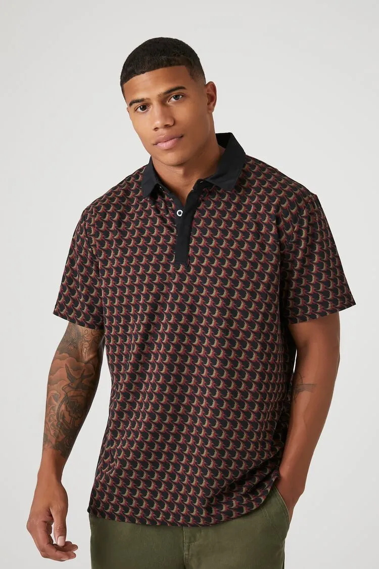 Forever 21 Men's Geo Print Polo Shirt Burgundy/Multi Forever 21