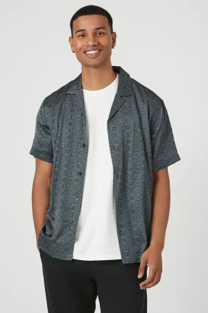 Forever 21 Men's Satin Ornate Print Cuban Collar Shirt Black/Grey Forever 21
