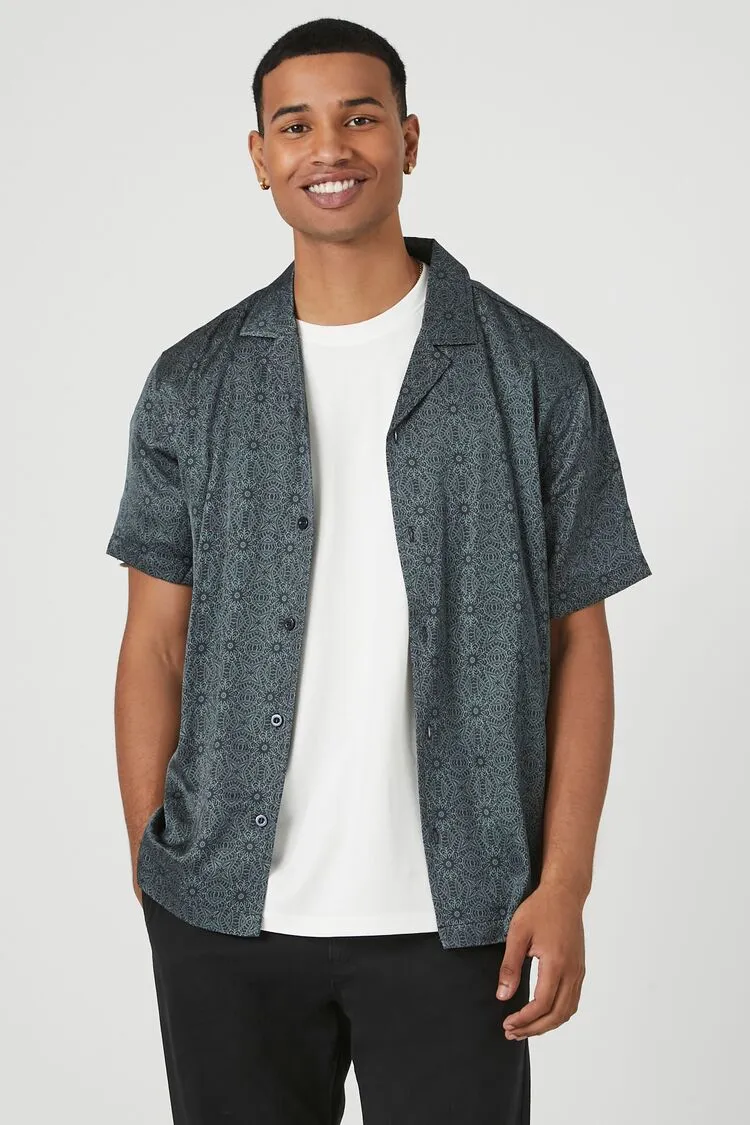 Forever 21 Men's Satin Ornate Print Cuban Collar Shirt Black/Grey Forever 21