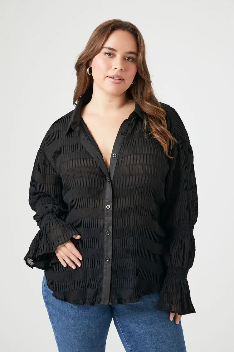 Forever 21 Plus Women's Chiffon Lettuce-Edge Shirt Black Forever 21