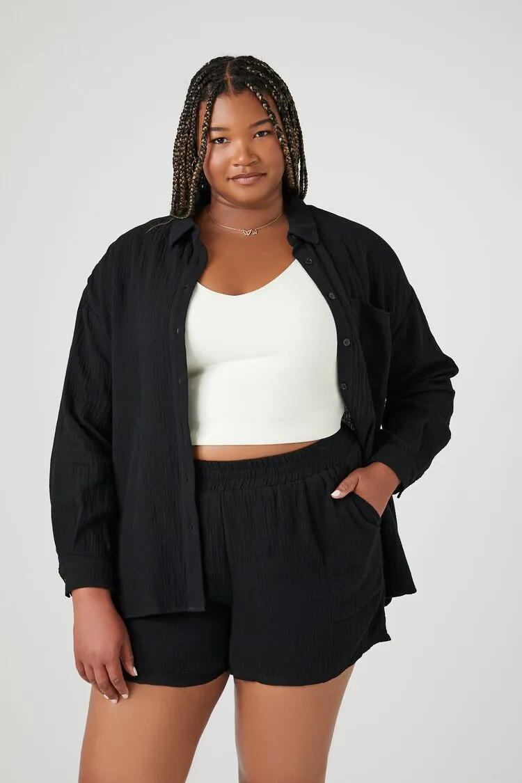 Forever 21 Plus Women's Crinkled Shirt & Shorts Set Black Forever 21