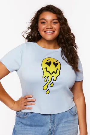 Forever 21 Plus Women's Sequin Happy Face Graphic T-Shirt Blue/Multi Forever 21