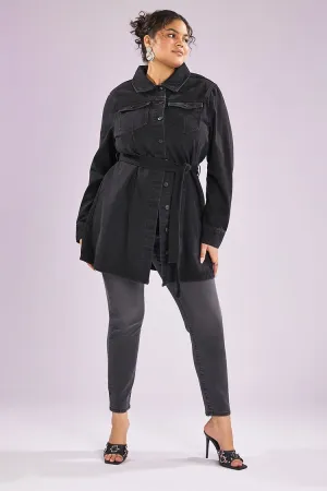 Forever 21 Plus Women's Tie-Front Denim Shirt Dress Washed Black Forever 21