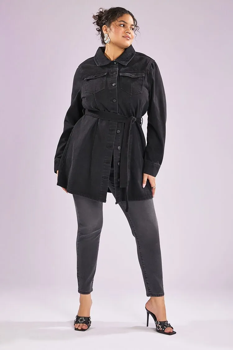 Forever 21 Plus Women's Tie-Front Denim Shirt Dress Washed Black Forever 21
