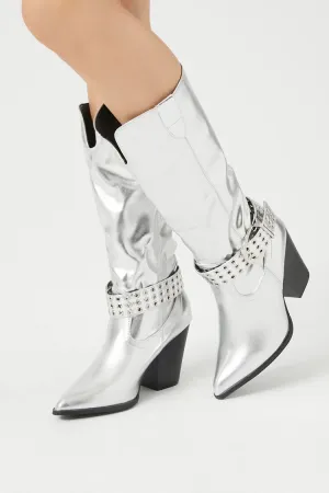 Forever 21 Women's Buckled Metallic Cowboy Boots Silver Forever 21